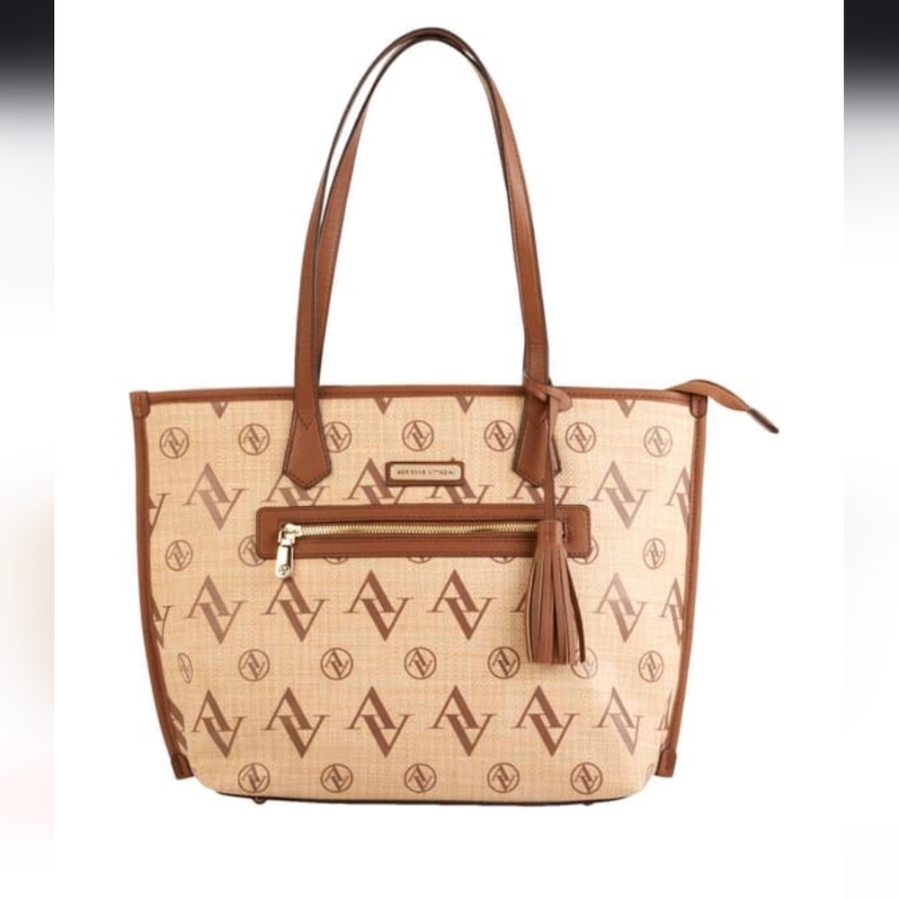 Adrienne Vittadini Signature Straw Tote NWT, Color: NATURAL/COGNAC